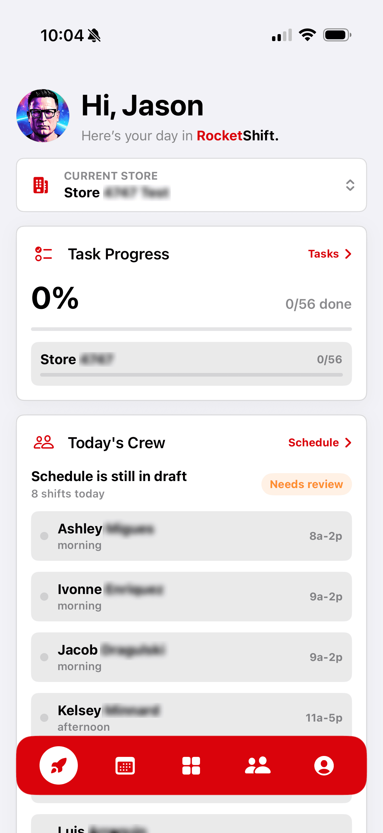 RocketShift iPhone app showing the home screen with current store, task progress, today's crew, and bottom navigation.