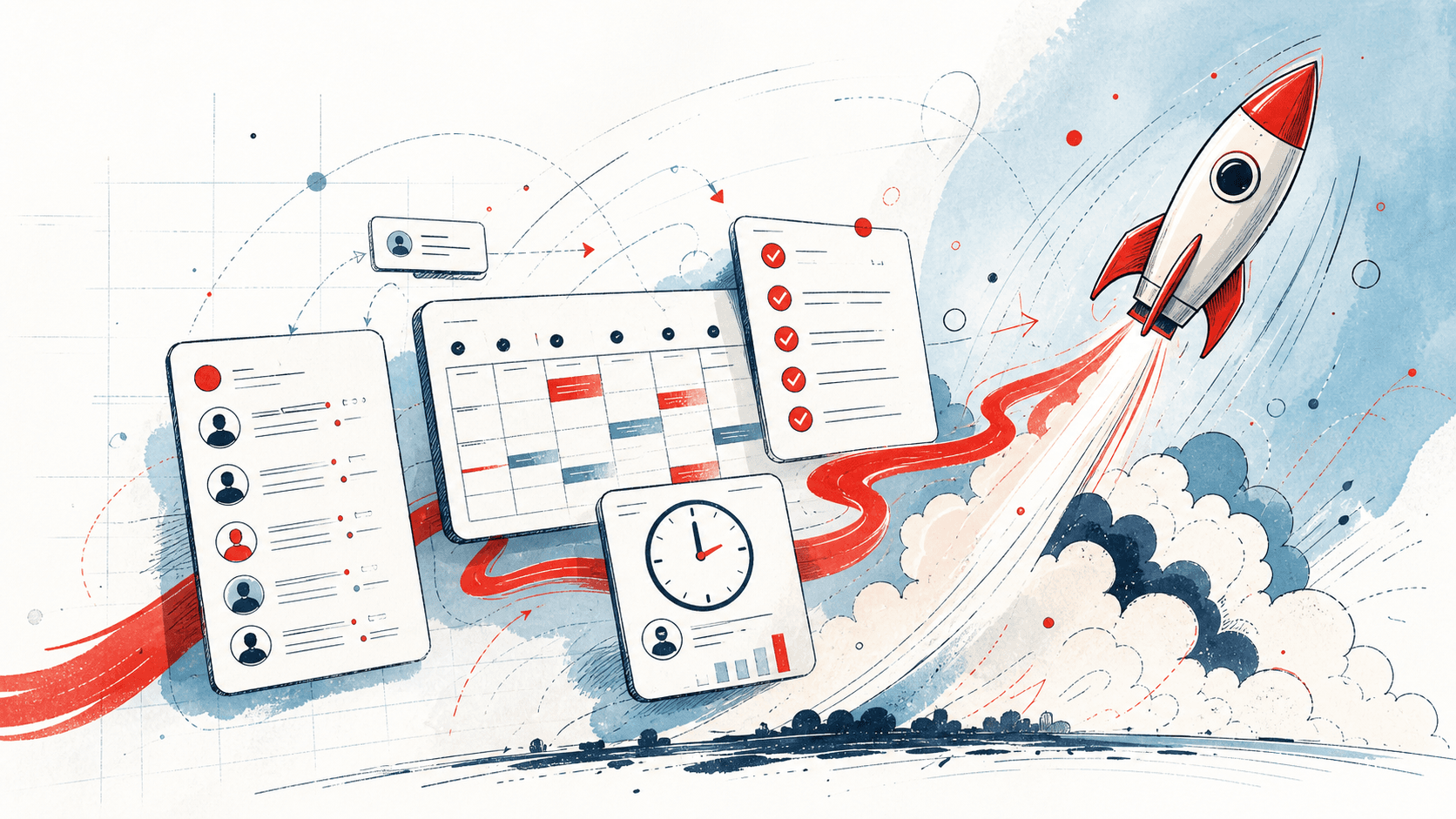Storyboard-style RocketShift launch illustration connecting crew, schedule, time clock, and tasks